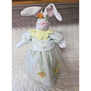 Easter Decor Plush Bunny Rabbit Tabletop Doll Mint Green Dress Sweater Flowers